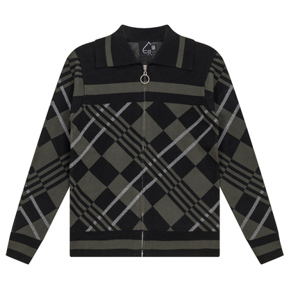 Zipper Geometric Jacquard Knit Jacket Black Dark Olive