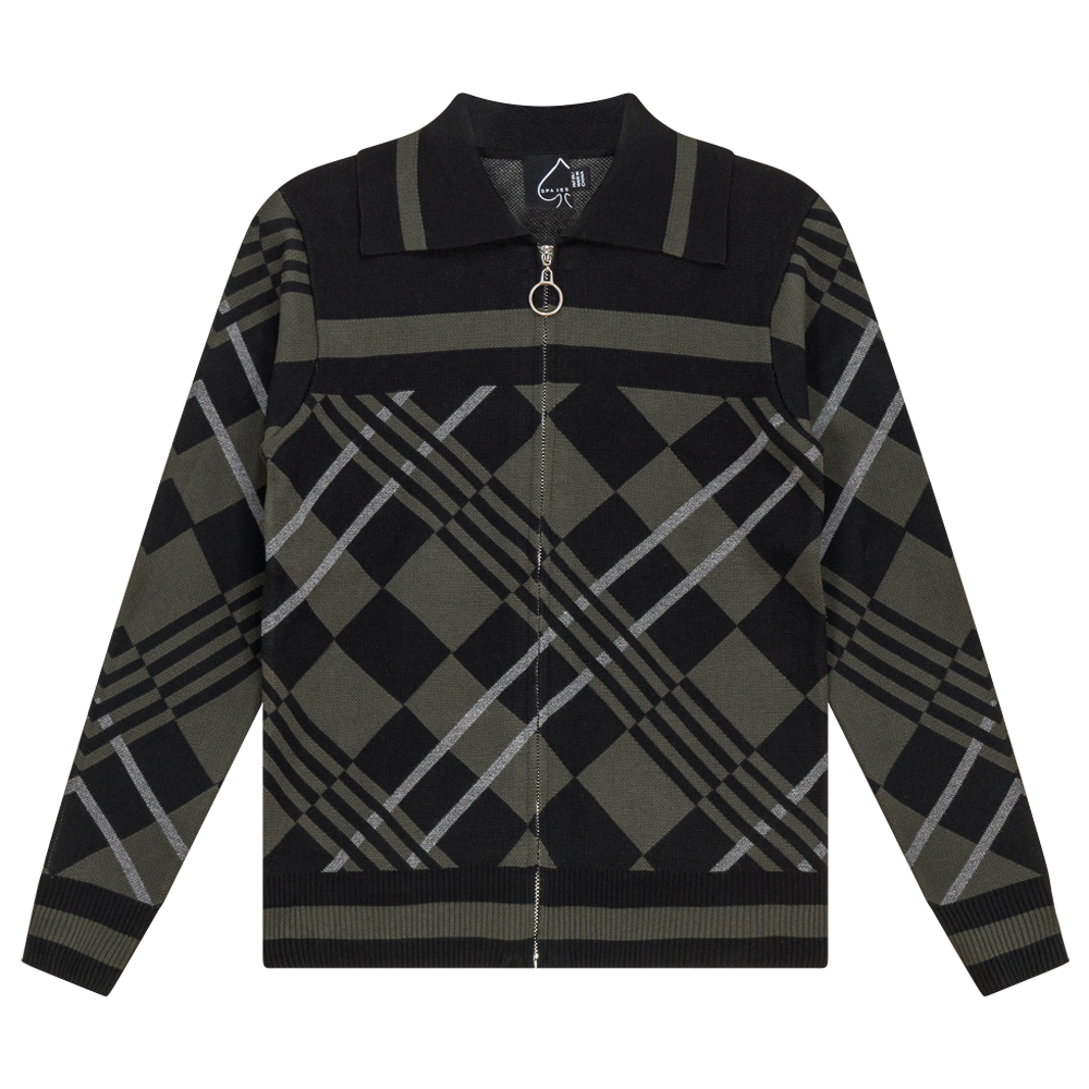 Zipper Geometric Jacquard Knit Jacket Black Dark Olive