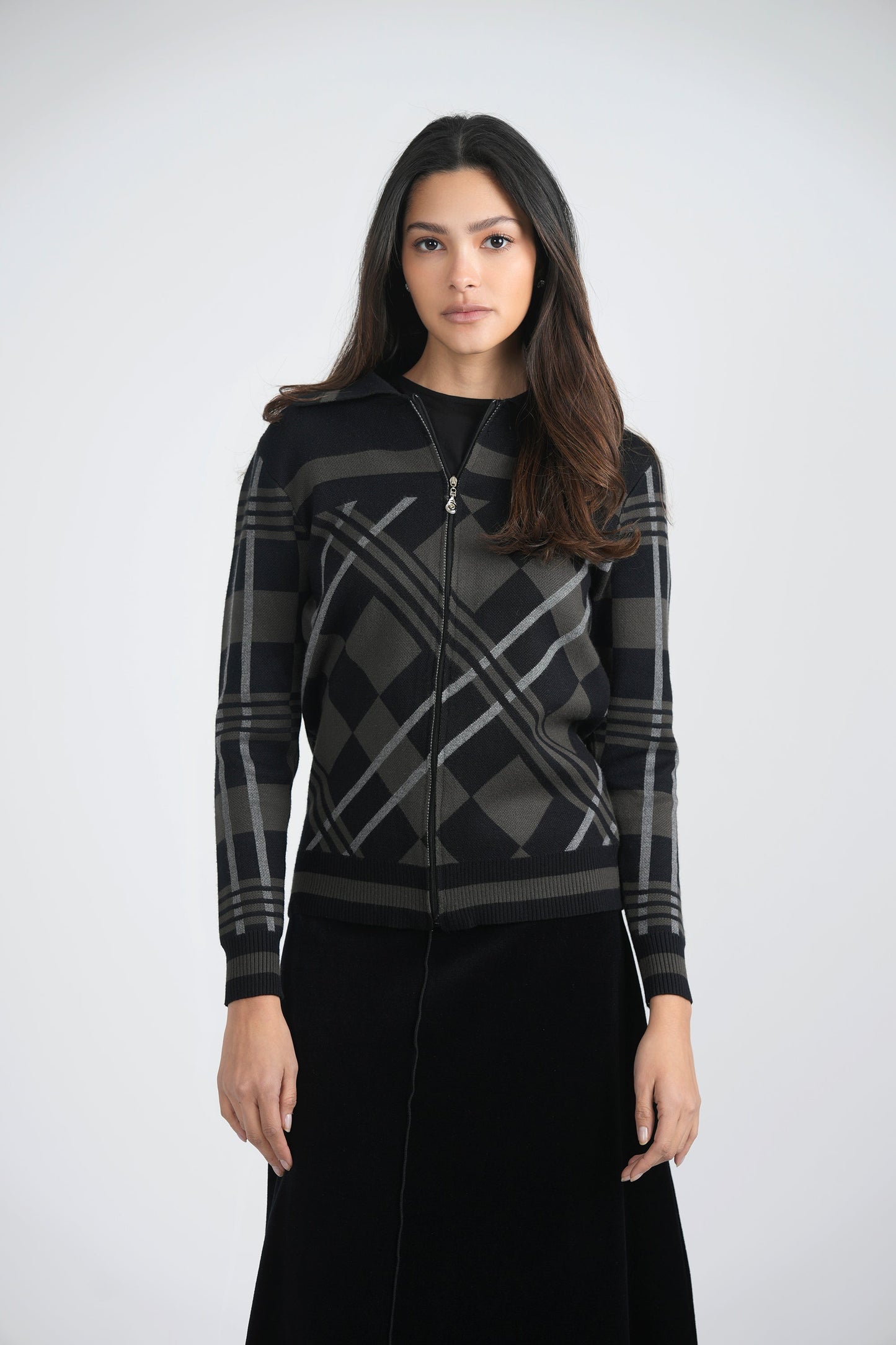 Zipper Geometric Jacquard Knit Jacket