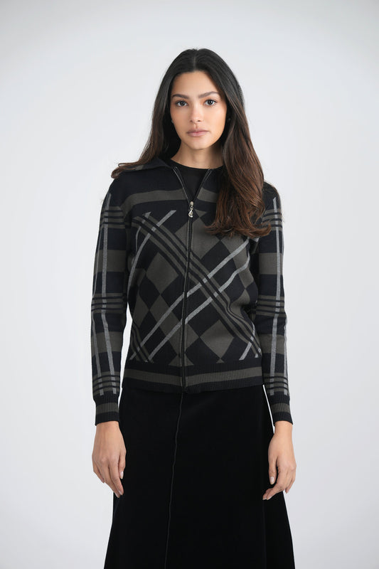 Zipper Geometric Jacquard Knit Jacket