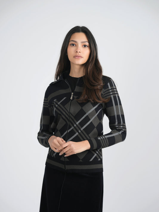 Zipper Geometric Jacquard Knit Jacket
