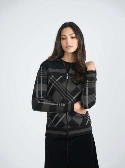 Zipper Geometric Jacquard Knit Jacket