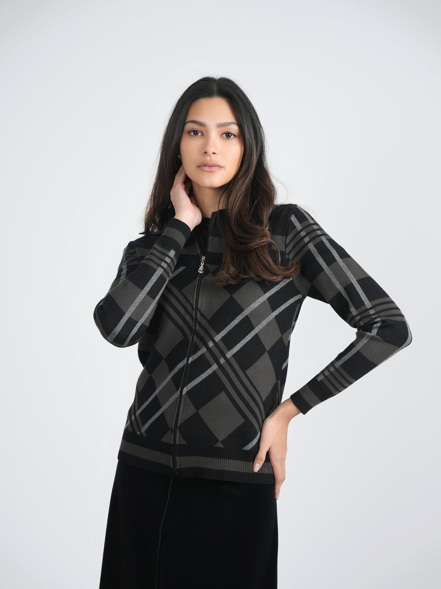 Zipper Geometric Jacquard Knit Jacket