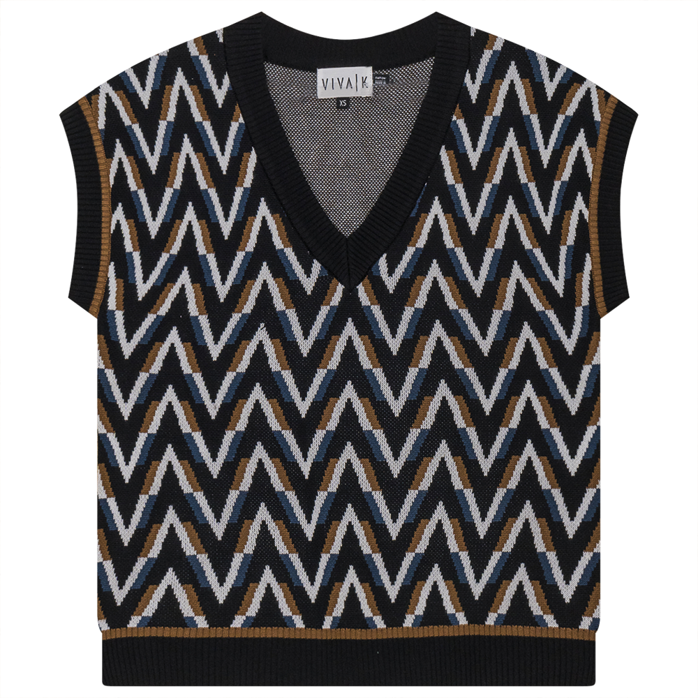 Herringbone Contrast Jaquard Knit Vest Black Multi Color