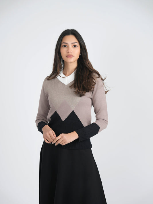 V Neck Intarsia Knit Sweater
