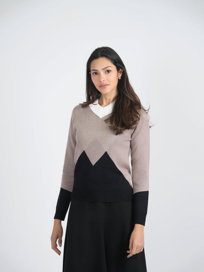 V Neck Intarsia Knit Sweater