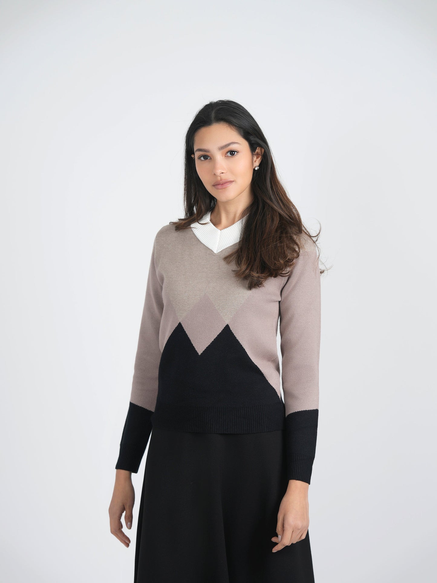 V Neck Intarsia Knit Sweater