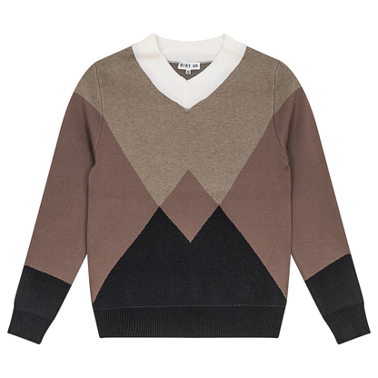 V Neck Intarsia Knit Sweater Black Mocha Stone