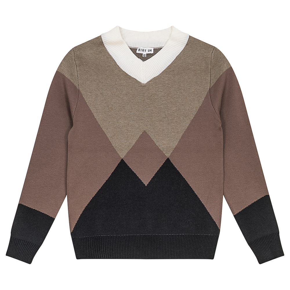 V Neck Intarsia Knit Sweater Black Mocha Stone