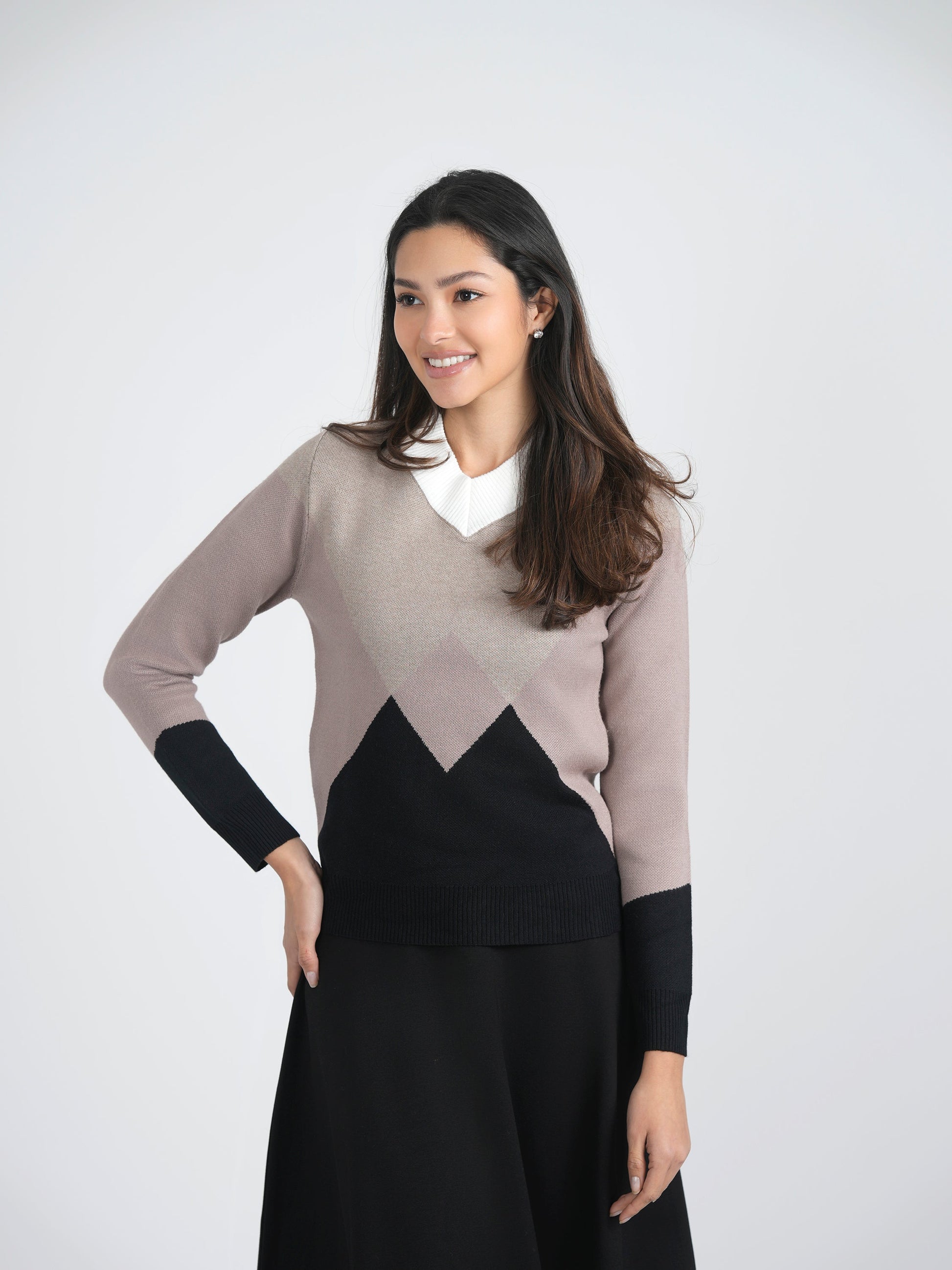 V Neck Intarsia Knit Sweater