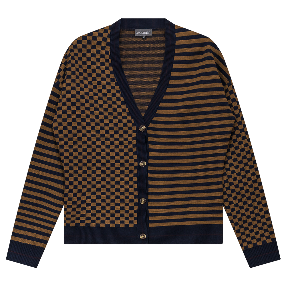 Stripped Knit Combo Cardigan Taupe Dark Navy