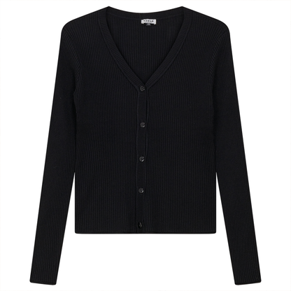 Cropped Knit Ribbed Cardigan Black