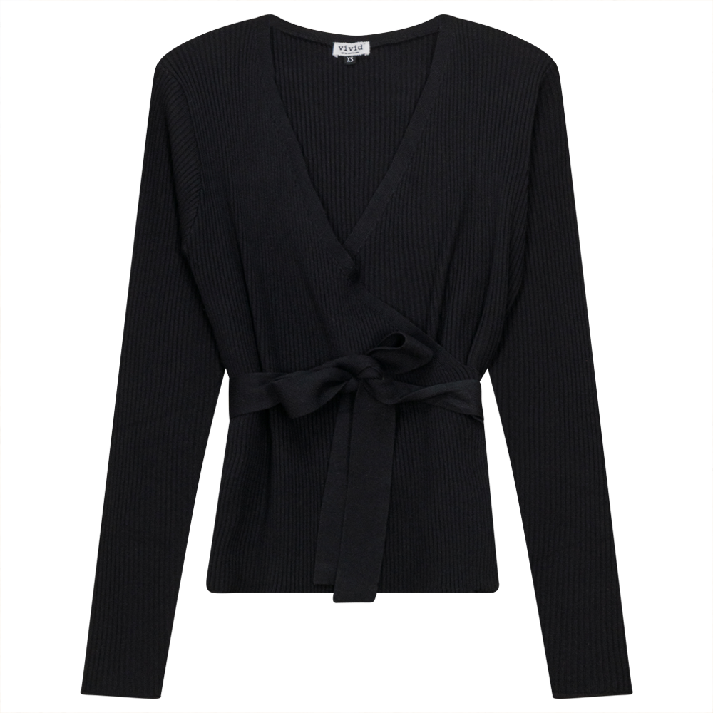 Ribbed Knit Wrap Top Black