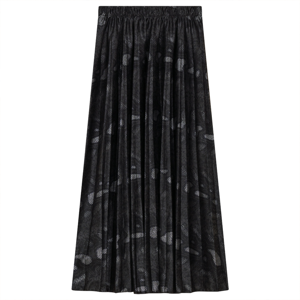 Accordion Pleated Printed Leather Midi Skirt Black