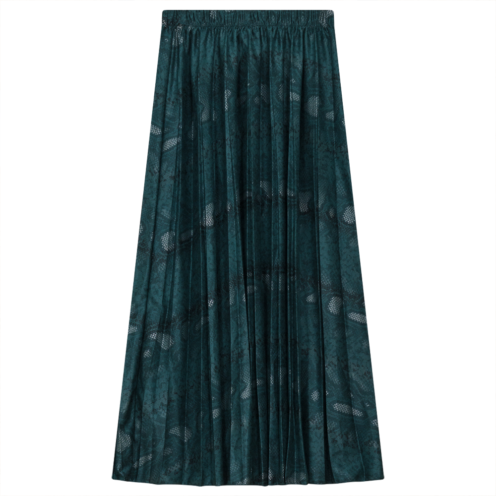 Accordion Pleated Printed Leather Midi Skirt Emeral Green
