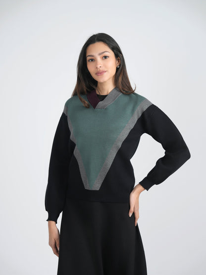 V Neck Color Block Sweater