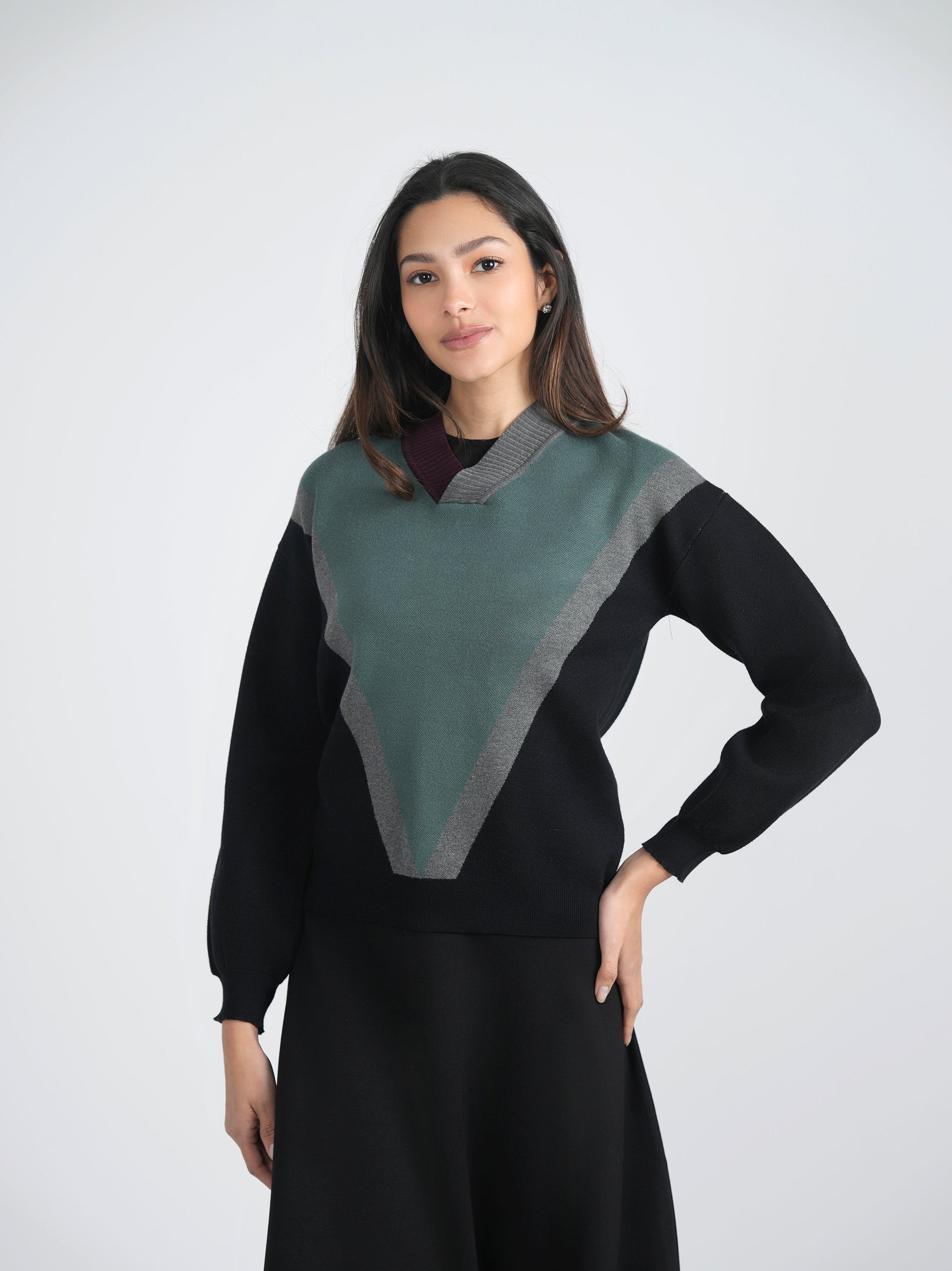 V Neck Color Block Sweater