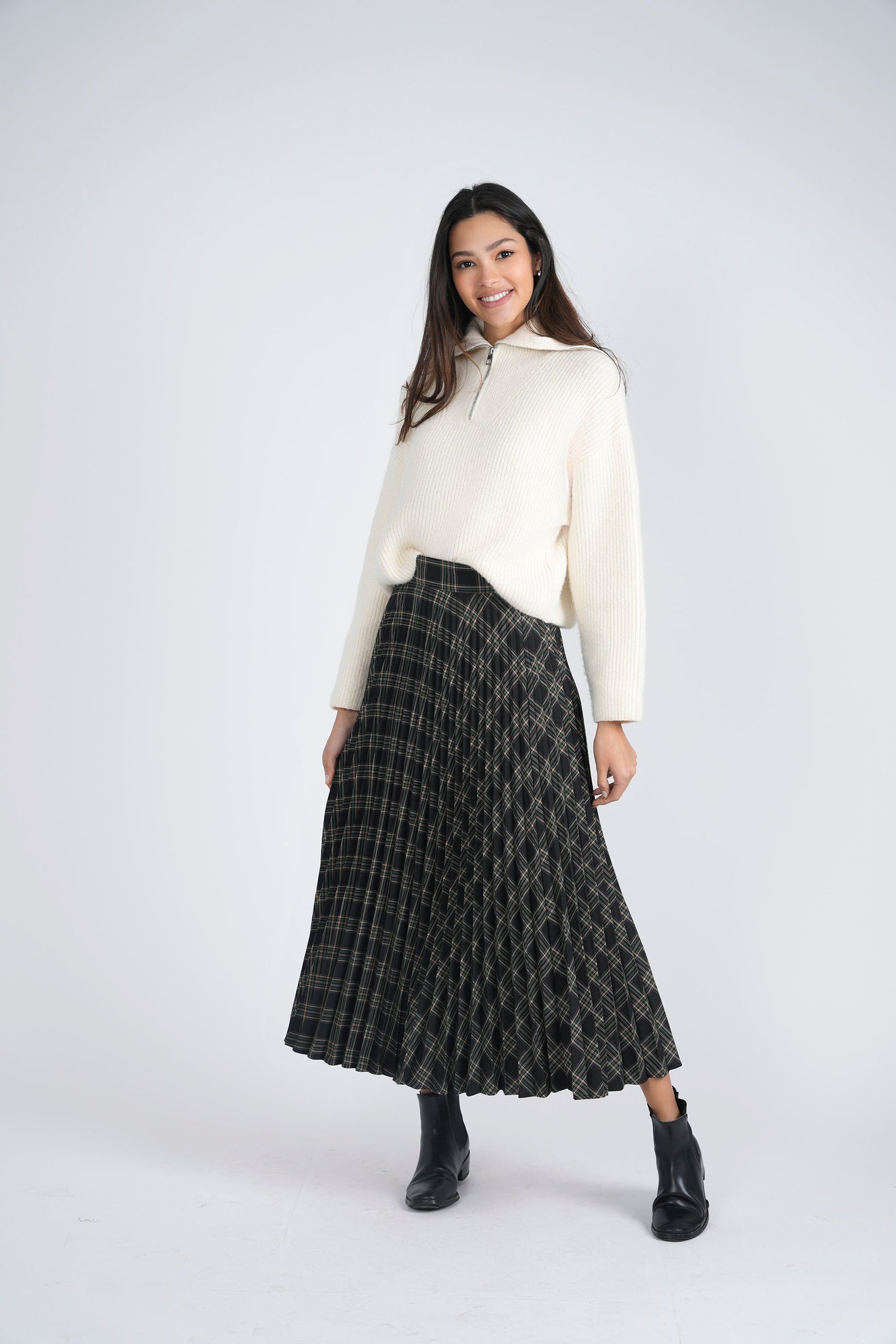 Accordian Pleated Midi Plaid Skirt