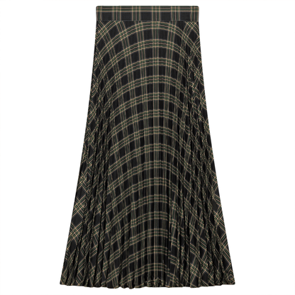 Accordian Pleated Midi Plaid Skirt Black Green