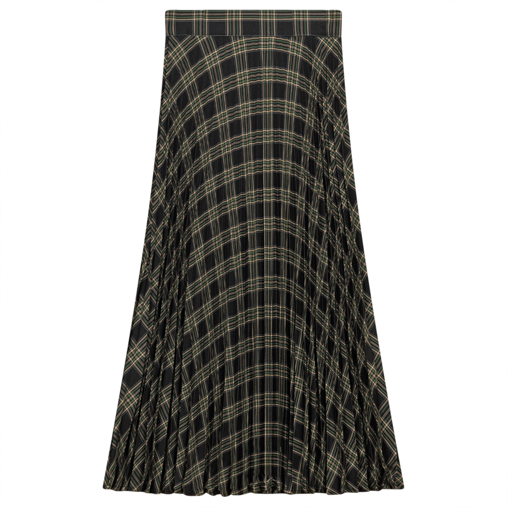 Accordian Pleated Midi Plaid Skirt Black Green