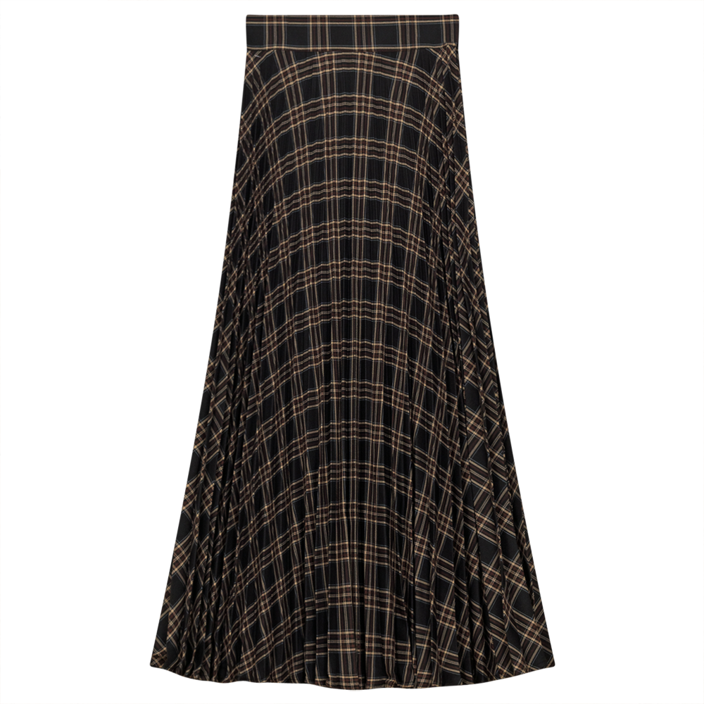 Accordian Pleated Midi Plaid Skirt Black Wine