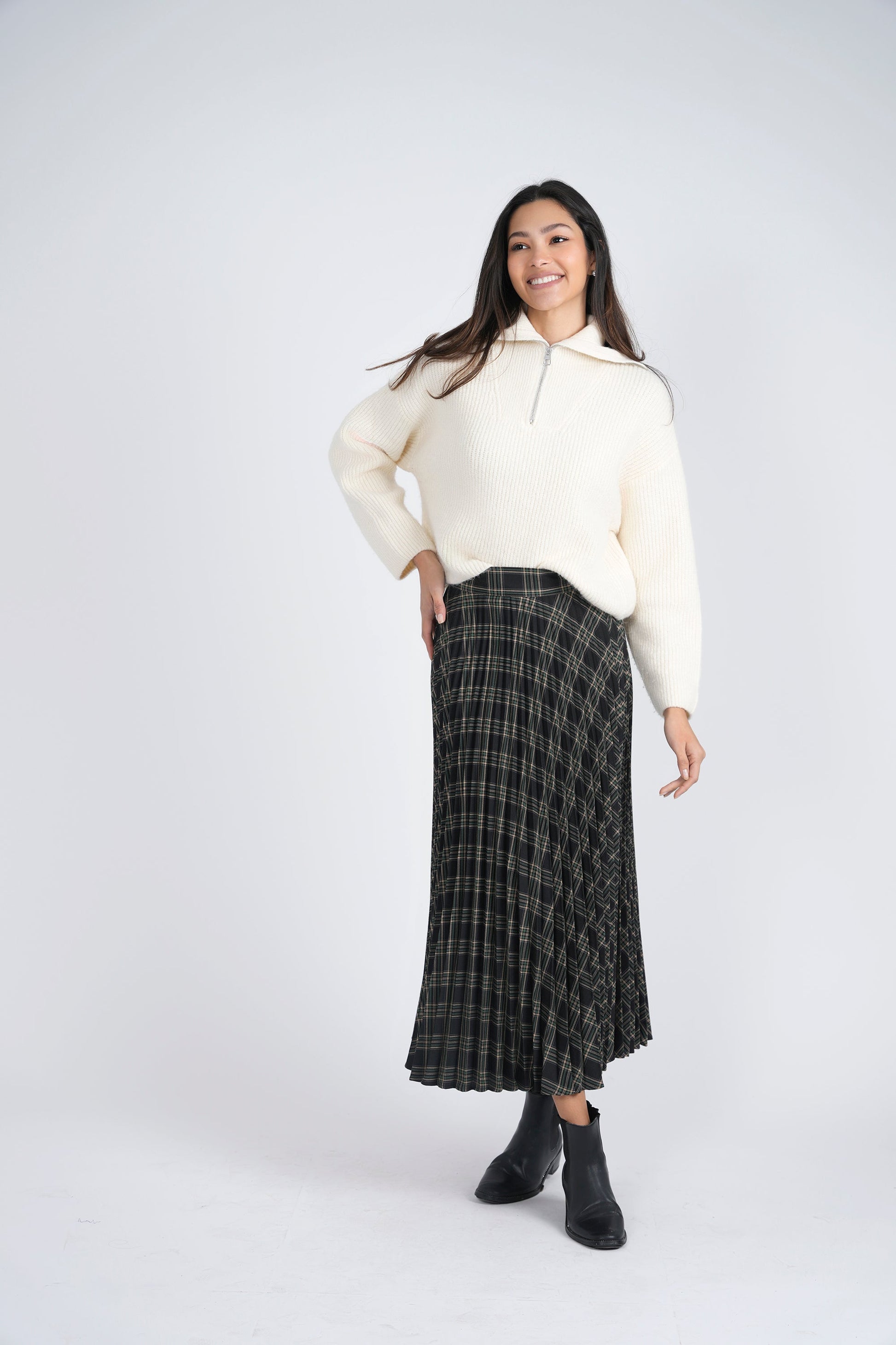 Accordian Pleated Midi Plaid Skirt