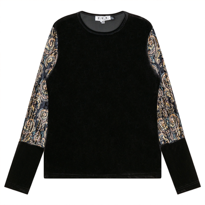 Slinky Velour Combo printed Accordian Sleeve Top Black