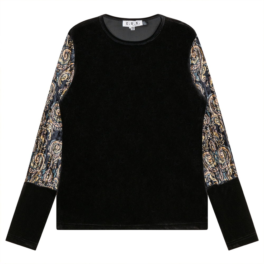 Slinky Velour Combo printed Accordian Sleeve Top Black