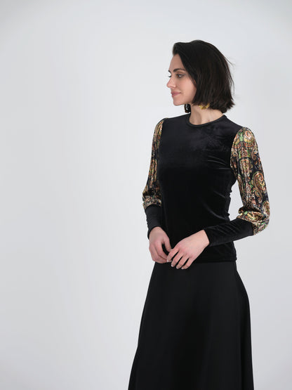 Slinky Velour Combo printed Accordian Sleeve Top