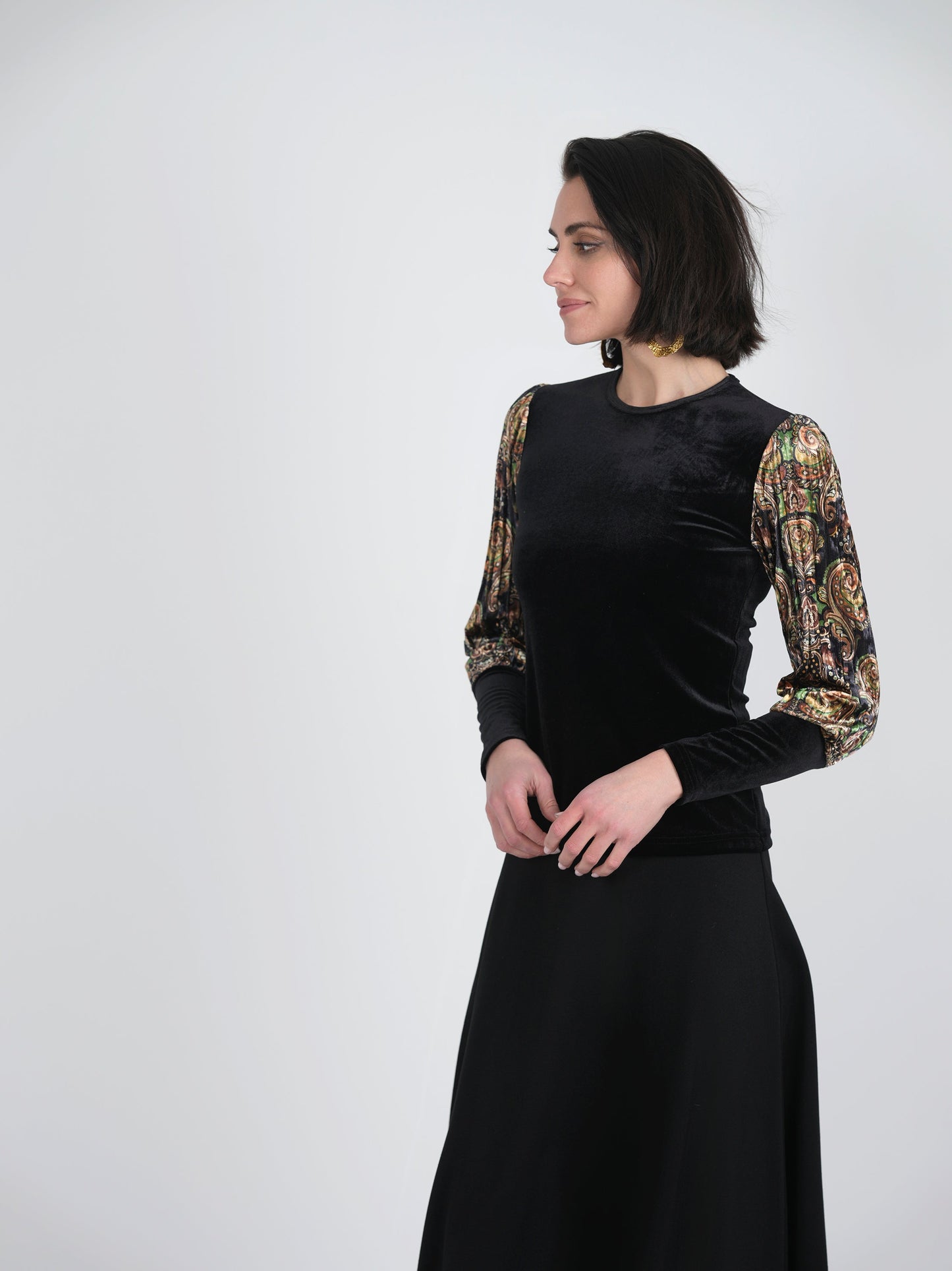 Slinky Velour Combo printed Accordian Sleeve Top