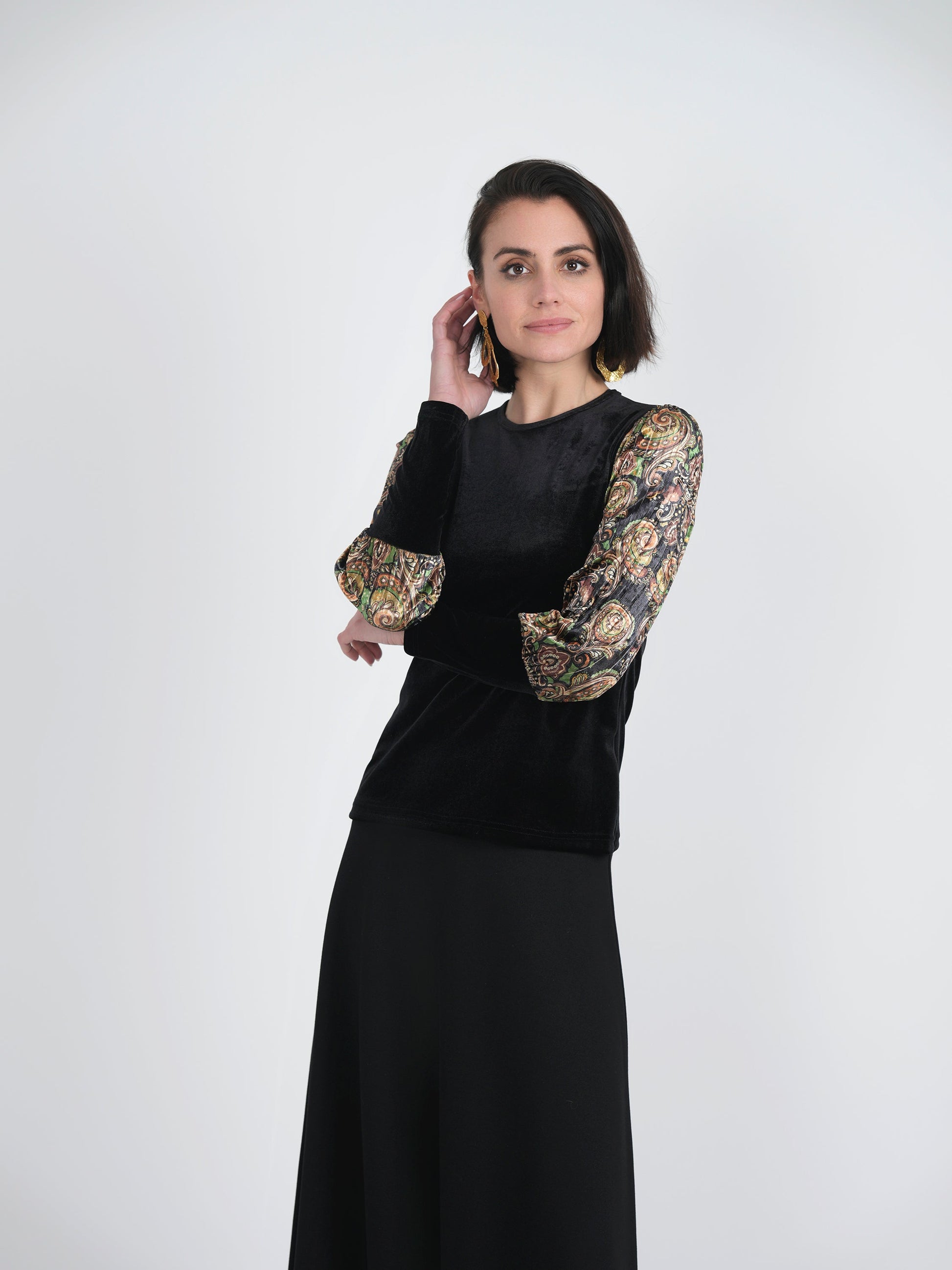 Slinky Velour Combo printed Accordian Sleeve Top