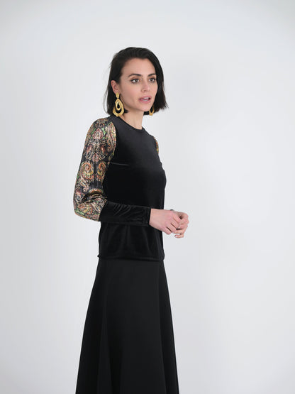 Slinky Velour Combo printed Accordian Sleeve Top