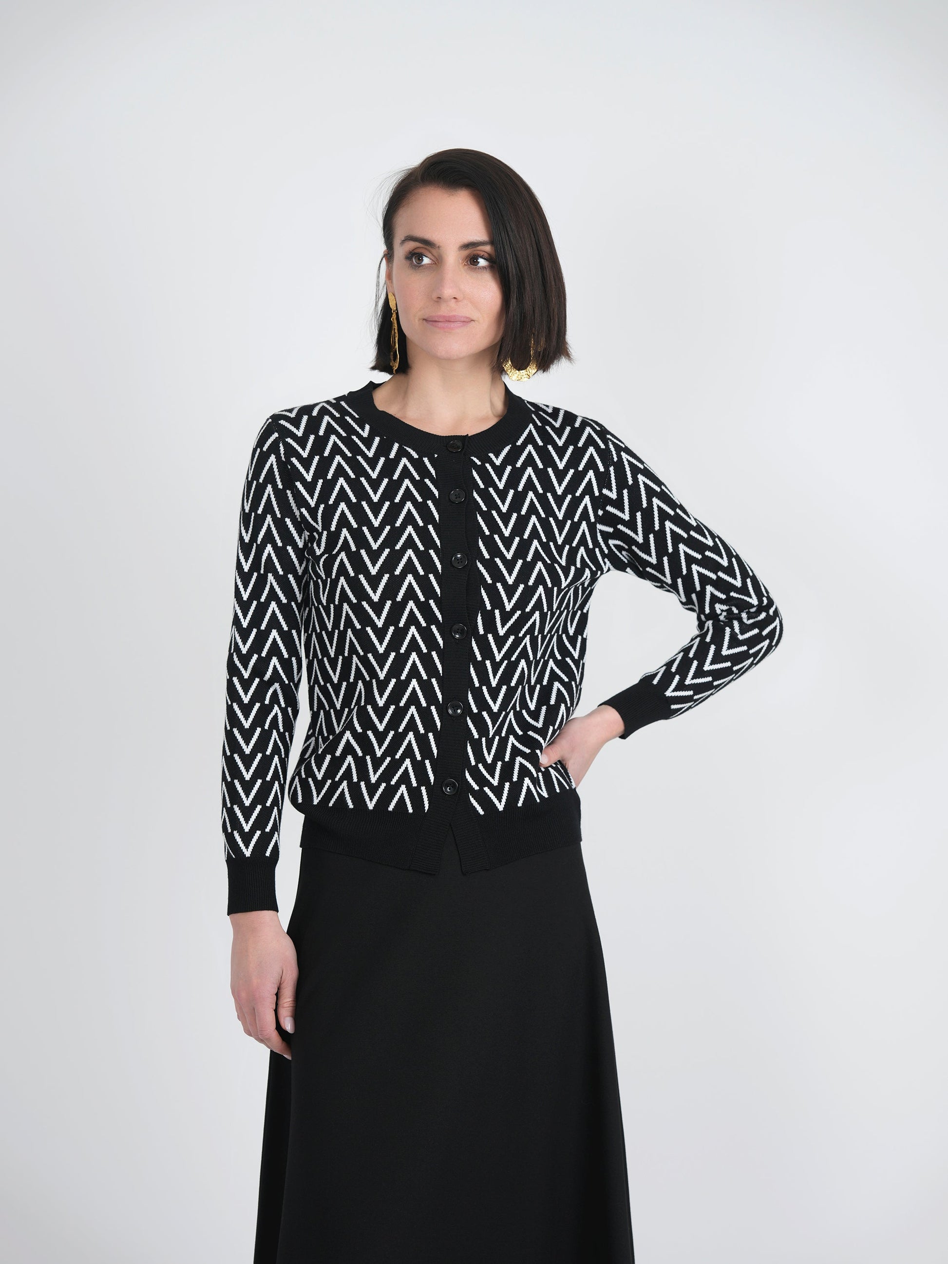 Crew Neck Printed Knit Cardigan