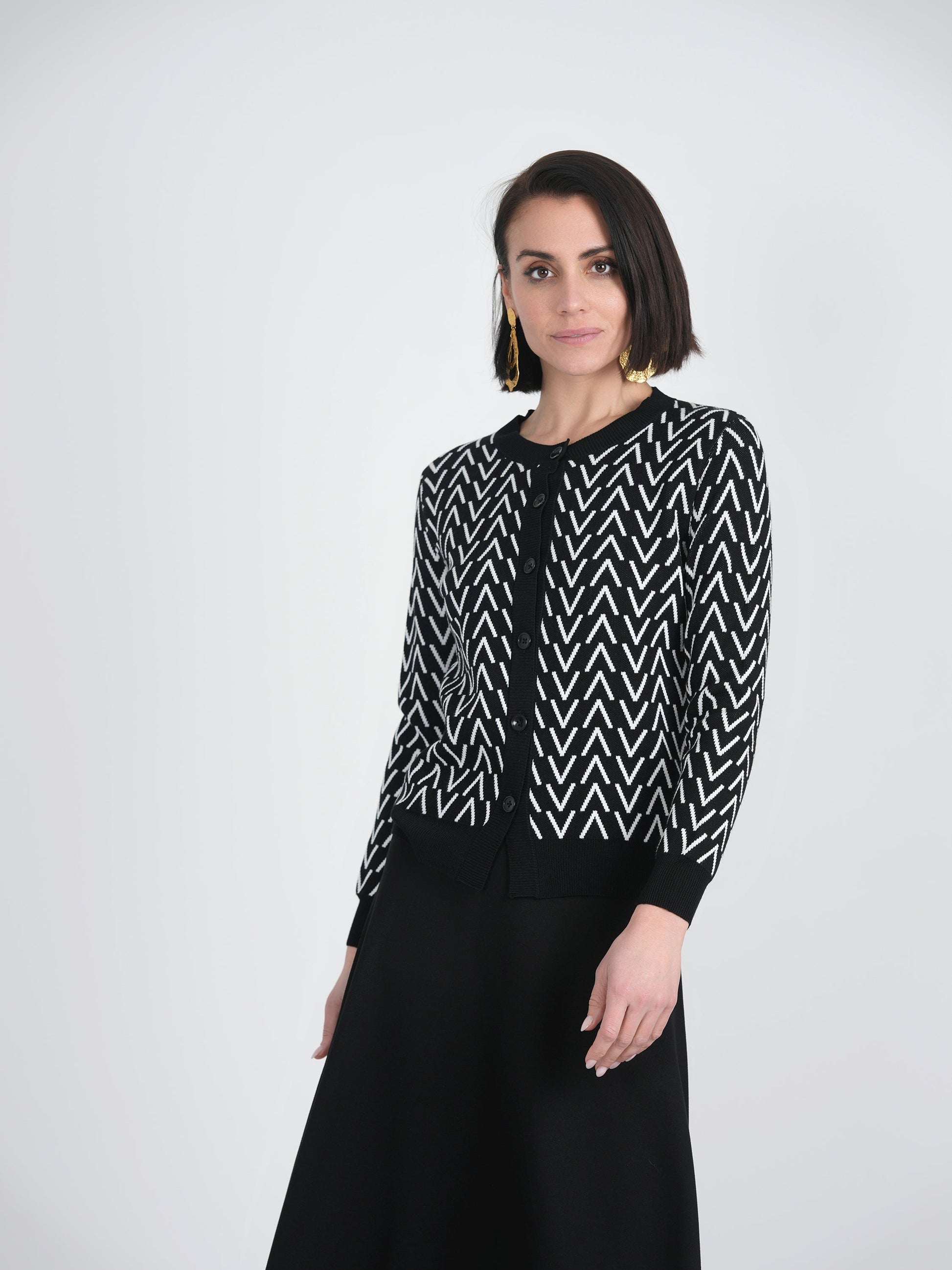 Crew Neck Printed Knit Cardigan