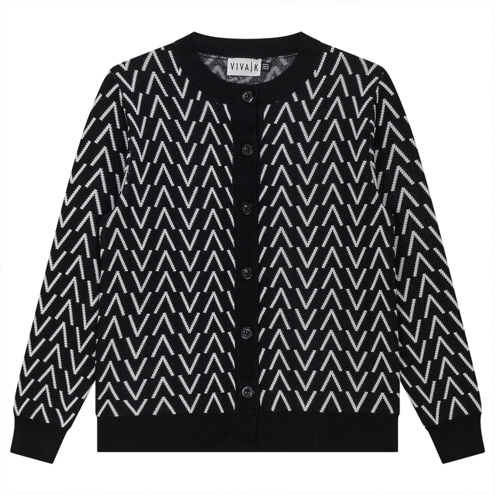 Crew Neck Printed Knit Cardigan Black Off White