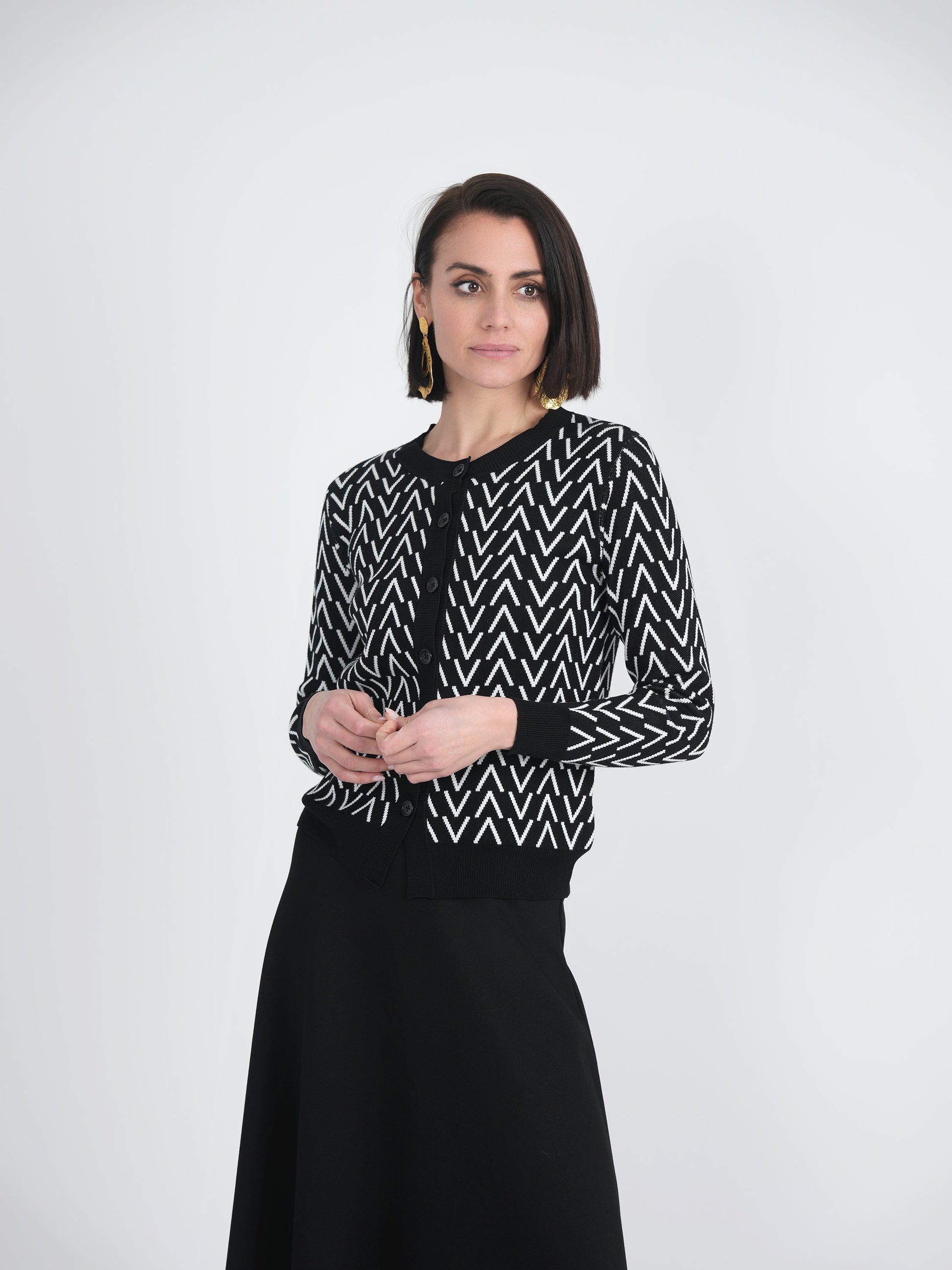 Crew Neck Printed Knit Cardigan