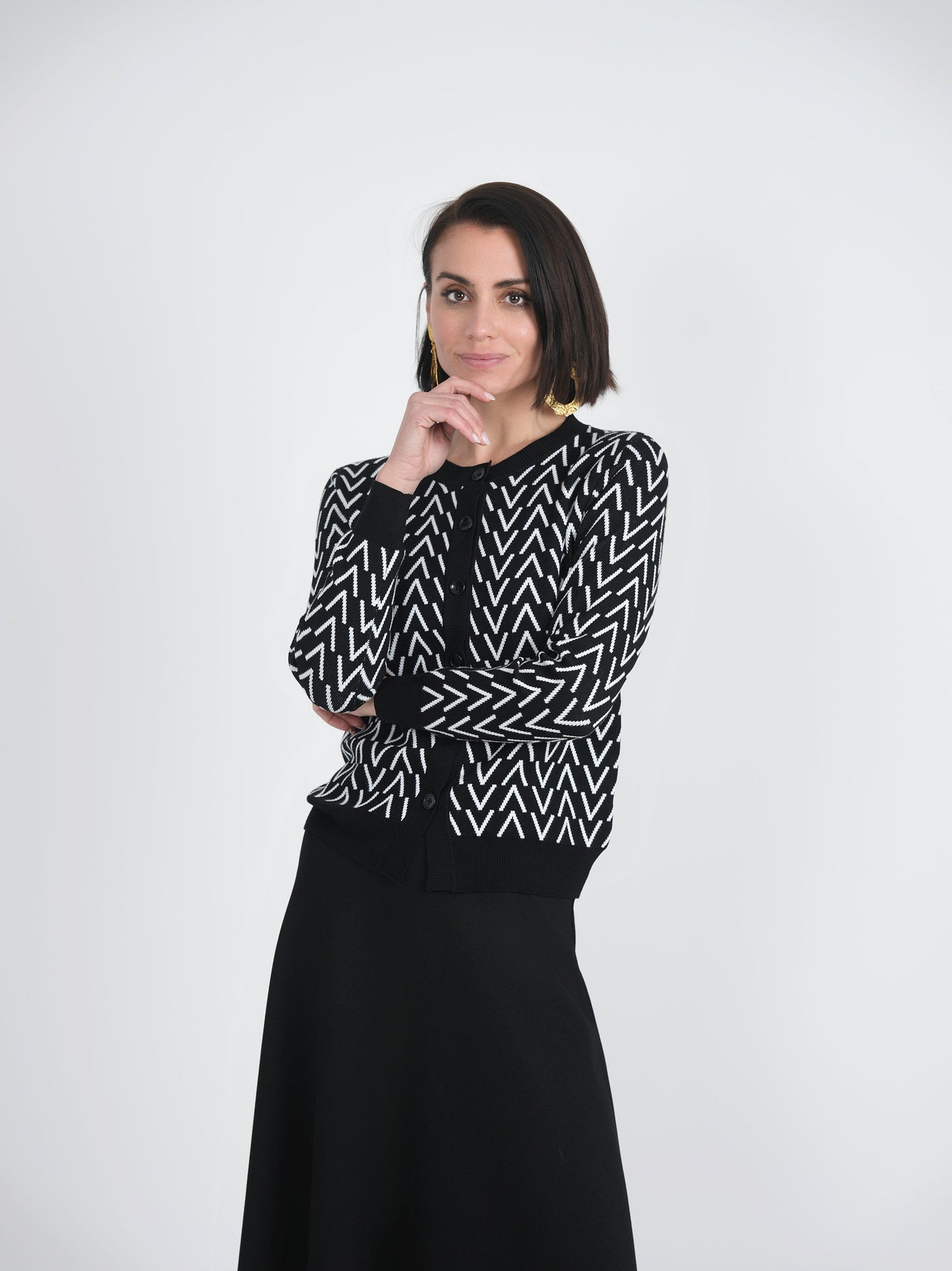 Crew Neck Printed Knit Cardigan