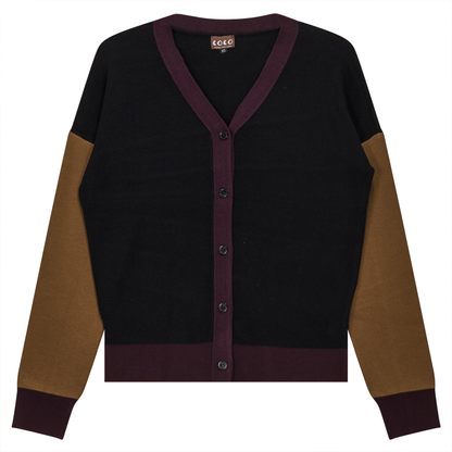Color Blocked Knit Cardigan Black Taupe Eggplant