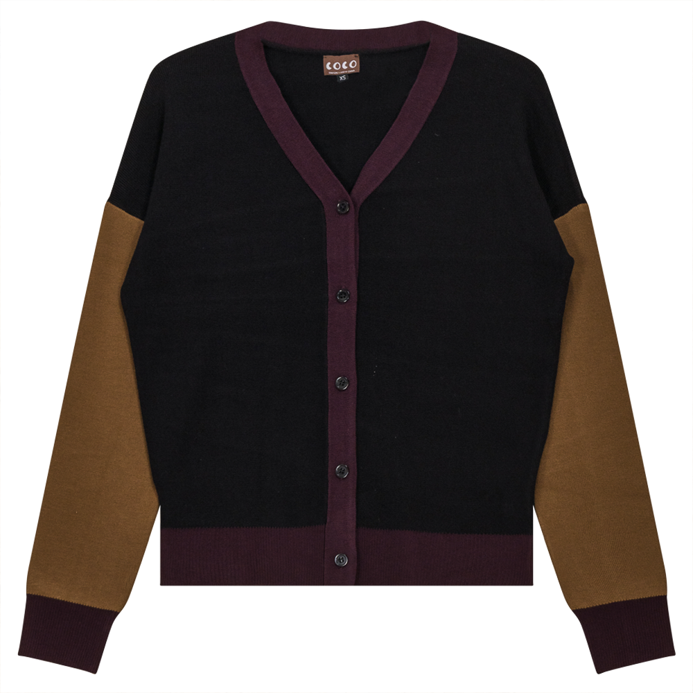 Color Blocked Knit Cardigan Black Taupe Eggplant