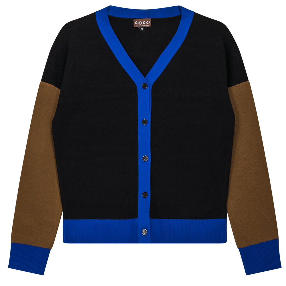 Color Blocked Knit Cardigan Black Taupe Royal Blue