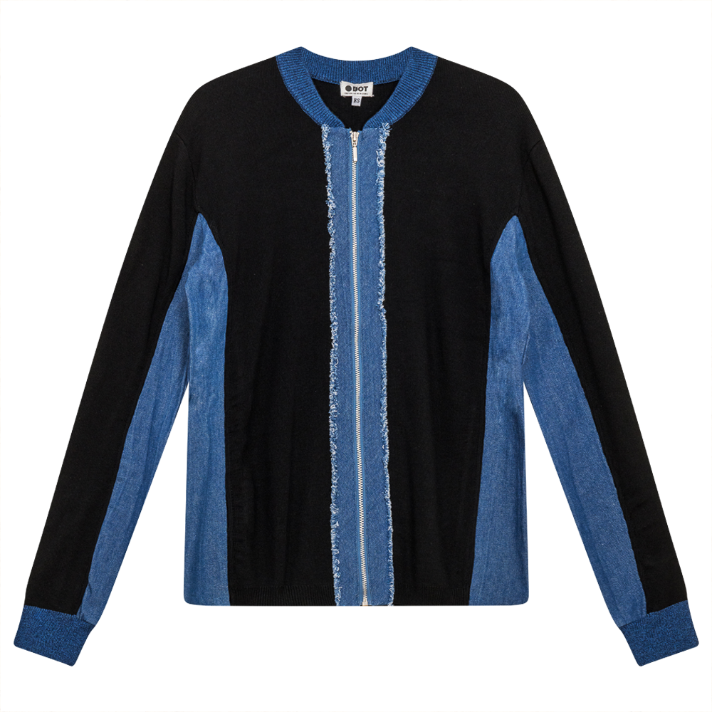 Ribbed Knit With Denim Trim Zip Up Black Denim Wash