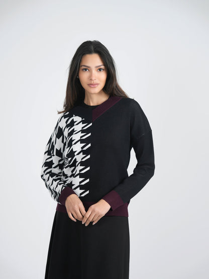 Houndstooth Color Blocked Sweater