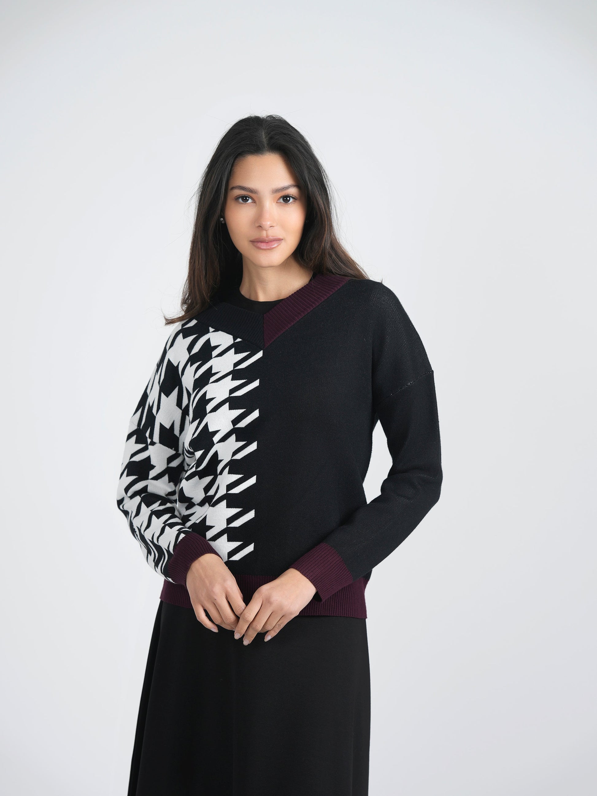 Houndstooth Color Blocked Sweater