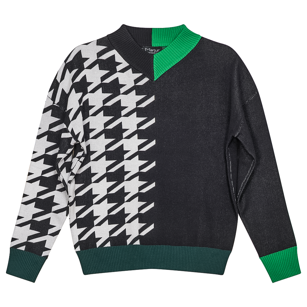 Houndstooth Color Blocked Sweater Black Off White Apple Green