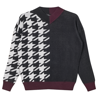 Houndstooth Color Blocked Sweater Black Off White Wine