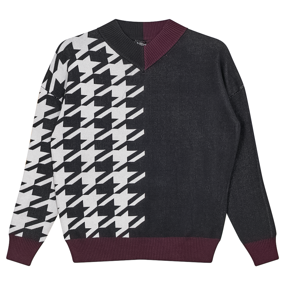 Houndstooth Color Blocked Sweater Black Off White Wine