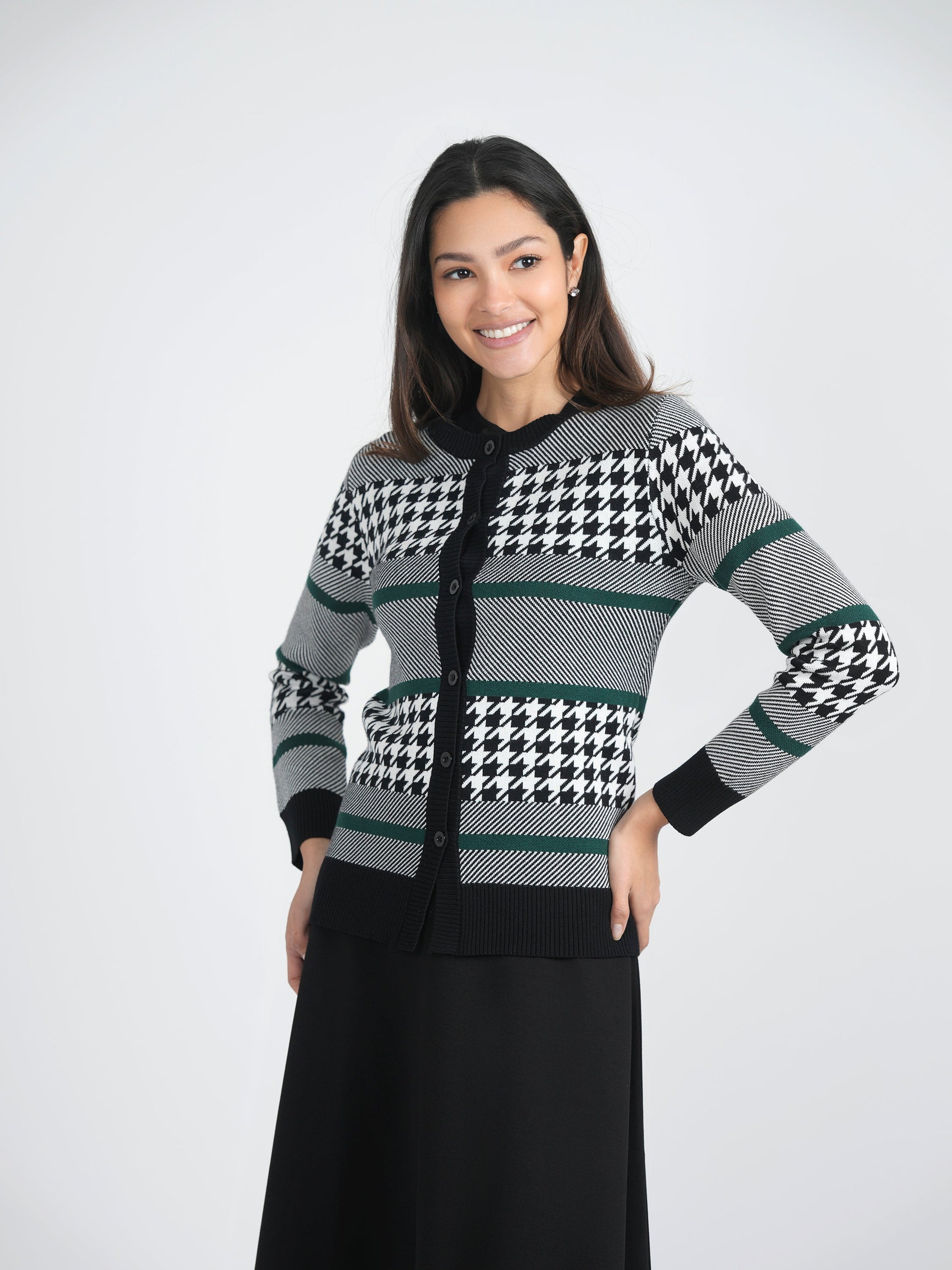Hounstooth Combo Knit Cardigan
