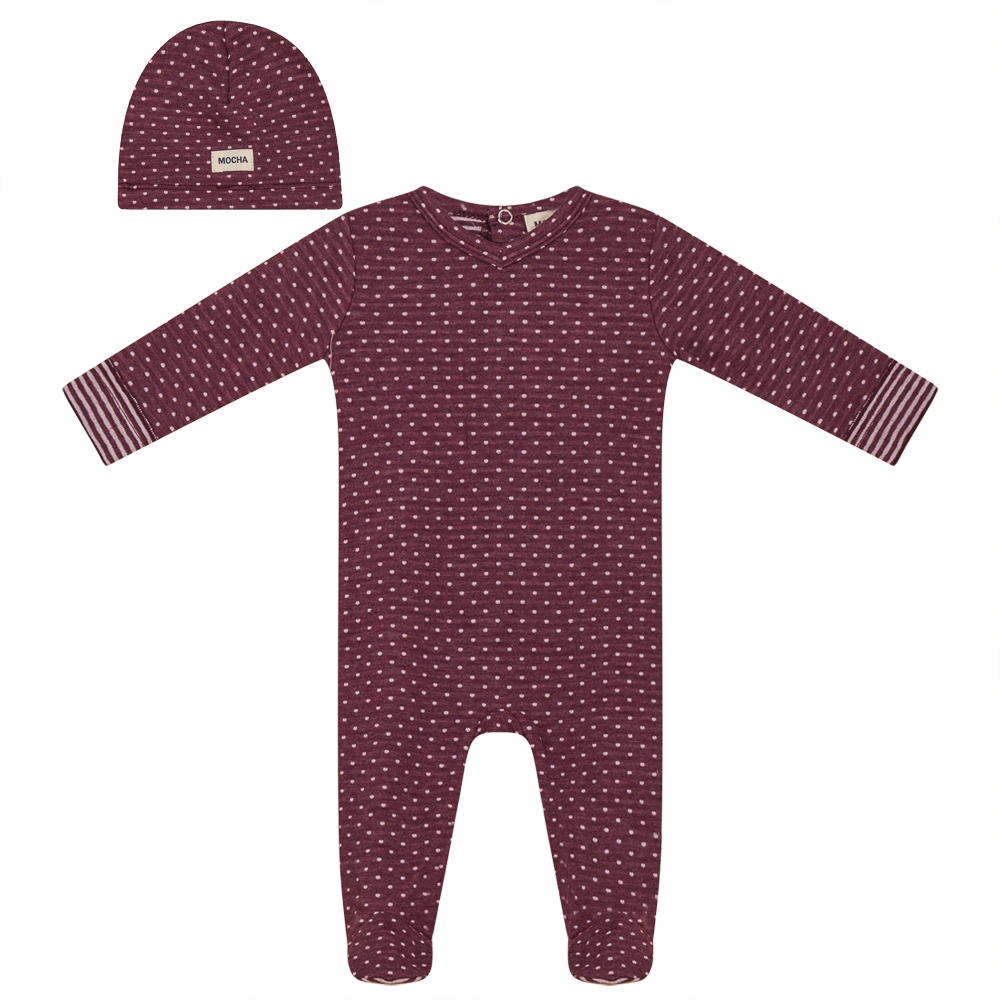 Dot Print Onesie with Hat Burgundy