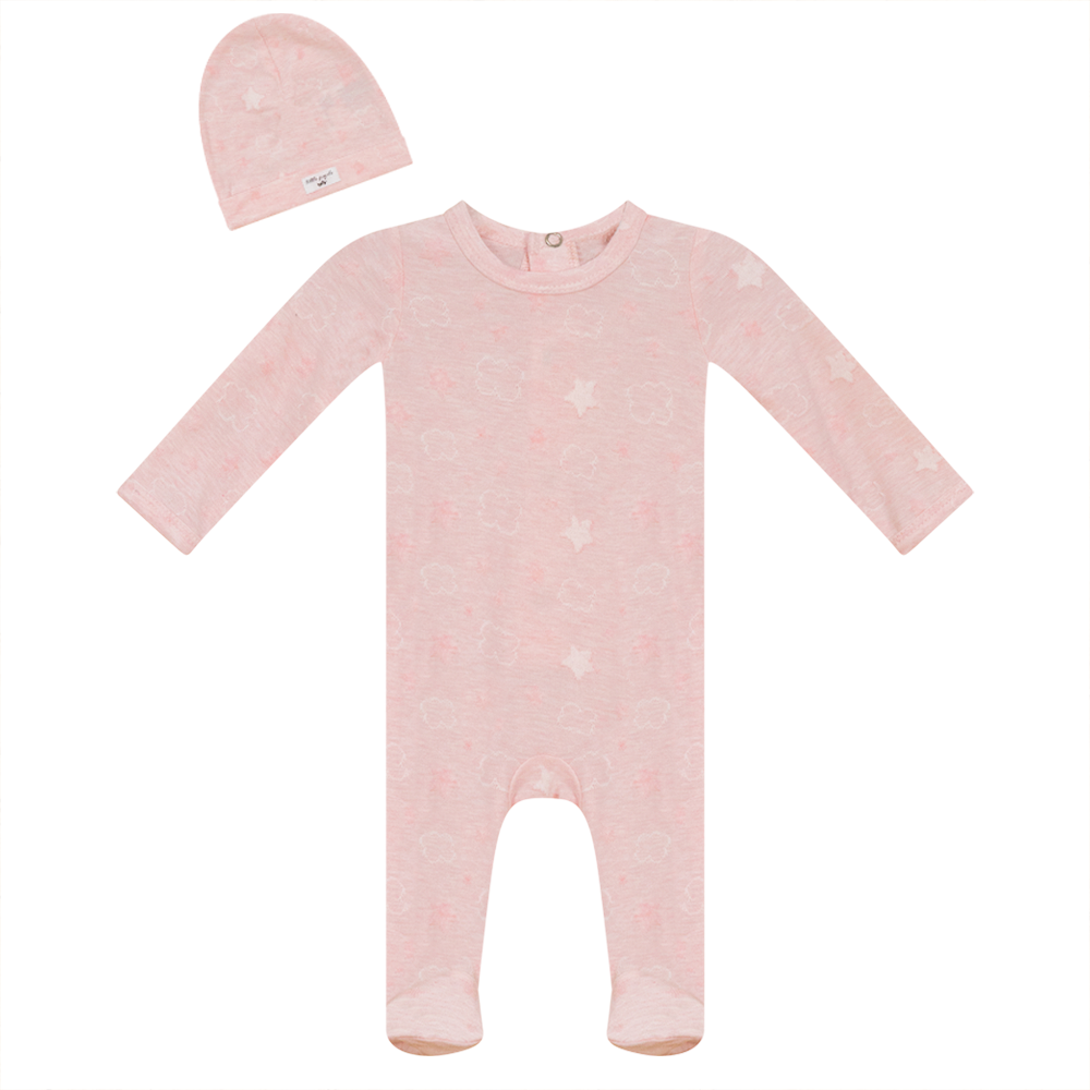 Clouds and Stars Print Onesie with Hat Pink