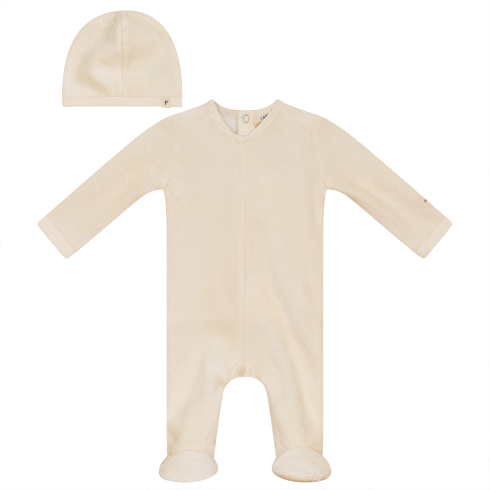 Ribbed Velour Onesie with Hat Off White